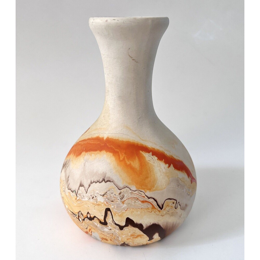 Nemadji Pottery Clay 6in Bud Vase Marbled Orange Brown Bisque “Indian” USA